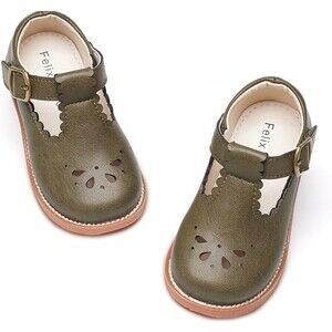 Felix & Flora Girls Shoes Size 7 T-Strap Mary Jane Olive Green Faux Leather